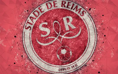 Stade de Reims, 4k, logo, geometric art, French football club, red abstract background, Ligue 2, Reims, France, football, creative art, Reims FC