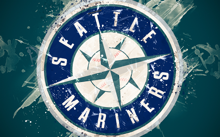 Seattle Mariners, 4k, grunge, arte, logo, american club di baseball, MLB, sfondo verde, emblema, Seattle, Washington, USA, Major League di Baseball, Lega Americana, arte creativa