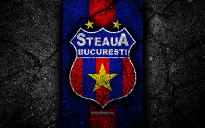 4k, Steaua B&#252;kreş FC, logo, futbol, FCSB, UEFA Şampiyonlar Ligi, siyah taş, Futbol Kul&#252;b&#252;, Romanya, Steaua B&#252;kreş, amblemini, asfalt doku, FC Steaua B&#252;kreş