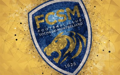 FC Sochaux-Montbeliard, 4k, logotyp, geometriska art, Franska fotbollsklubben, gul abstrakt bakgrund, League 2, Montbeliard, Frankrike, fotboll, kreativ konst