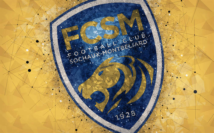 FC Sochaux-Montbeliard, 4k, logo, geometrinen taide, Ranskan football club, keltainen abstrakti tausta, League 2, Montbeliard, Ranska, jalkapallo, creative art