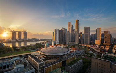 Singapore, Marina Bay Sands, morgon, soluppg&#229;ng, skyskrapor, business center, stadsbilden