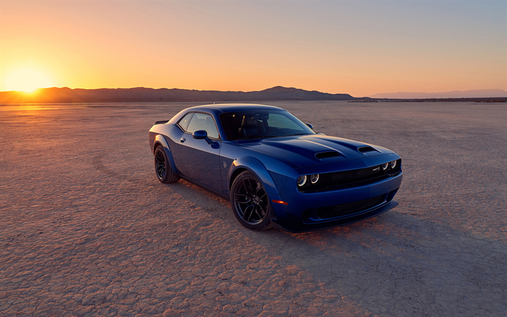 Dodge Challenger SRT Hellcat, 2019, ylellinen sininen urheiluauto, n&#228;kym&#228; edest&#228;, illalla, sunset, desert, uusi sininen Challenger, american sports autot, Dodge