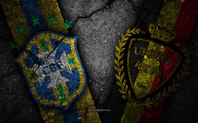 Brasilien vs Belgien, 4k, FOTBOLLS-Vm 2018, Omg&#229;ng 8, logotyp, Ryssland 2018, Fotbolls-Vm, Belgien fotboll, Brasilien i fotboll, svart sten, Kvartsfinal