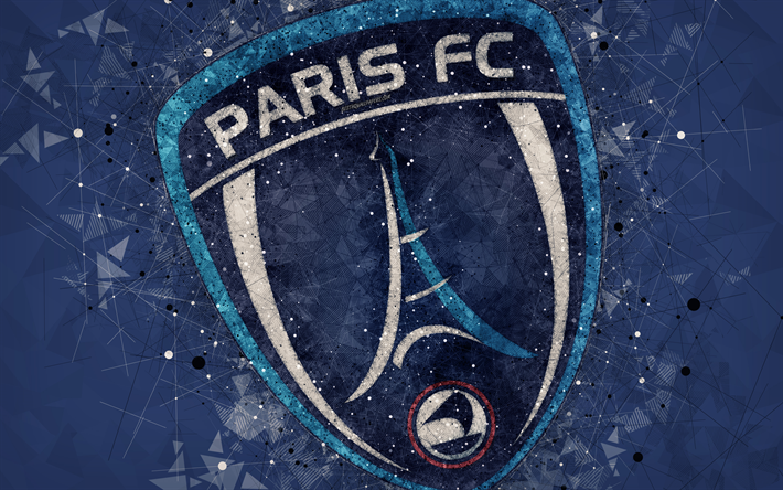 Paris FC, 4k, logo, geometric art, French football club, blue abstract background, Ligue 2, Paris, France, football, creative art