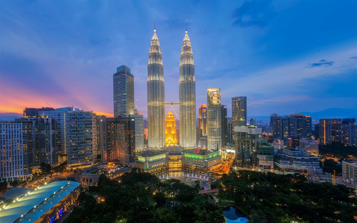 Petronas Twin Towers, Kuala Lumpur, evening, city lights, modern city, metropolis, skyscrapers, Malaysia