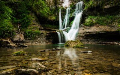 beautiful waterfall, clear lake, summer, forest, waterfalls, Catalonia, Spain