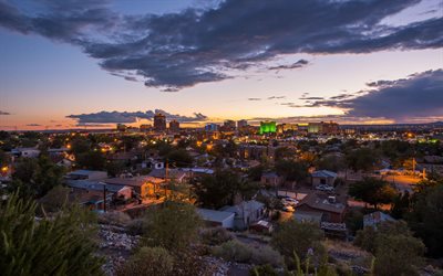 Albuquerque, 4k, panorama, sunset, New Mexico, USA, american cities, America, Albuquerque at evening, City of Albuquerque, Cities of New Mexico