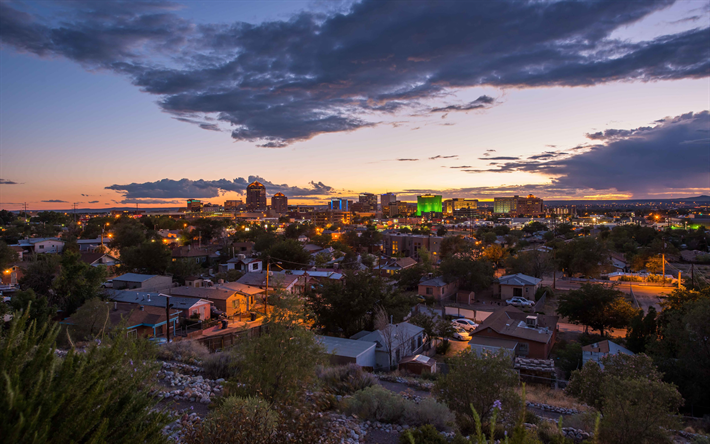 Albuquerque, 4k, panorama, sunset, New Mexico, USA, amerikan kaupungit, Amerikassa, Albuquerque illalla, City-Albuquerque, Kaupunkien New Mexico