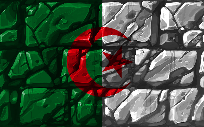 Cezayir, yaratıcı, Afrika, Cezayir bayrak, brickwall, 4k, Afrika &#252;lkeleri, ulusal semboller, Bayrak, Cezayir 3D bayrak