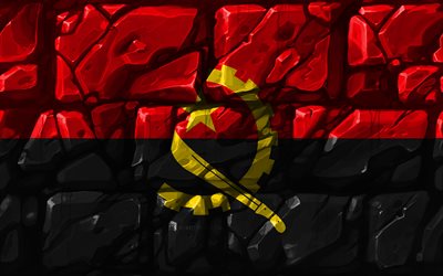 Angolas flagga, brickwall, 4k, Afrikanska l&#228;nder, nationella symboler, Flagga av Angola, kreativa, Angola, Afrika, Angola 3D-flagga