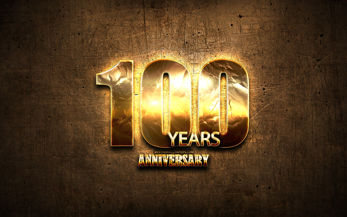 100年記念, ゴールデンの看板, 周年記念の概念, 茶色の金属の背景, 創業100周年, 創造, 黄金の100周年記念サイン