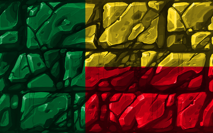 Benin flag, brickwall, 4k, African countries, national symbols, Flag of Benin, creative, Benin, Africa, Benin 3D flag