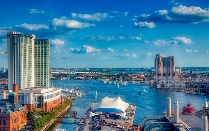 Baltimore, 4k, el verano, las ciudades de am&#233;rica, Maryland, HDR, edificios modernos, estados unidos, horizonte de Baltimore, estados UNIDOS, la Ciudad de Baltimore, la ciudad de Maryland