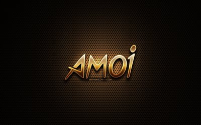 Amoi glitter logo, creative, metal grid background, Amoi logo, brands, Amoi