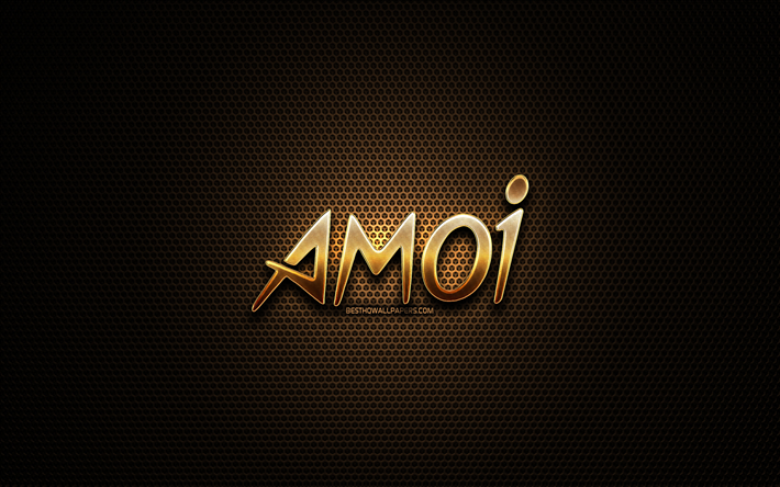 Amoi glitter logo, yaratıcı, metal ızgara arka plan, Amoi logo, marka, Amoi