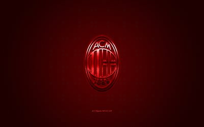 AC Milan, İtalyan Futbol Kul&#252;b&#252;, kırmızı metalik logo, kırmızı karbon fiber arka plan, Milan, İtalya, Serie A, futbol, AC Milan logosu