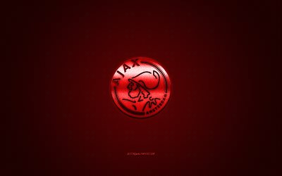 AFC Ajax, Hollantilainen jalkapalloseura, punainen metallinen logo, punainen hiilikuitu tausta, Amsterdam, Alankomaat, Eredivisie, jalkapallo, Ajax Amsterdam