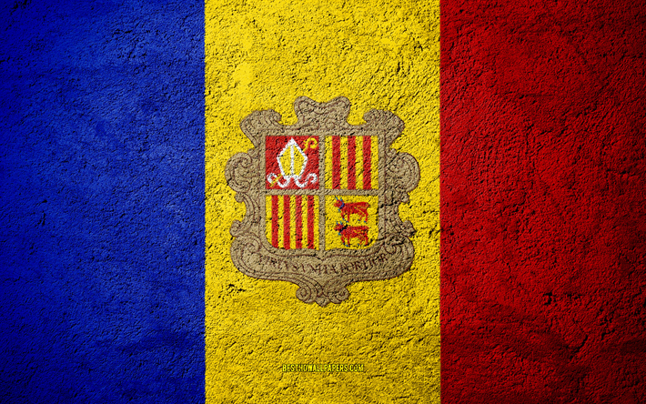 Lipun Andorra, betoni rakenne, kivi tausta, Andorran lippu, Euroopassa, Andorra, liput kivi