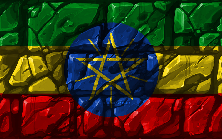 Etiopian lippu, brickwall, 4k, Afrikan maissa, kansalliset symbolit, luova, Etiopia, Afrikka, Etiopia 3D flag