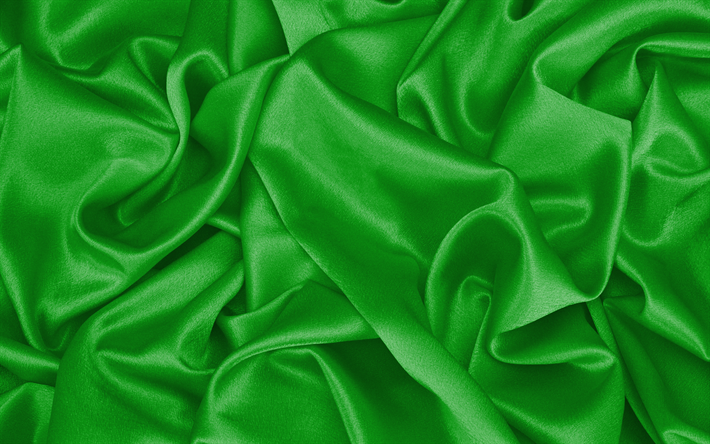 4k, yeşil ipek doku, dalgalı kumaş dokusu, ipek, yeşil kumaş arka plan, yeşil saten, kumaş dokular, saten, ipek dokular, yeşil kumaş dokusu