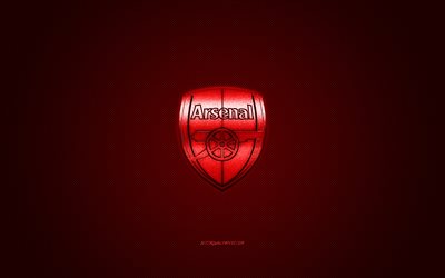 El Arsenal FC, club de f&#250;tbol ingl&#233;s, rojo logotipo de metal, fibra de carbono rojo de fondo, Londres, Inglaterra, la Premier League, el f&#250;tbol
