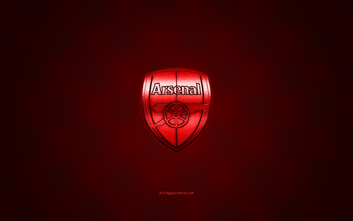 L&#39;Arsenal FC, club de football anglais, rouge m&#233;tallis&#233; logo rouge en fibre de carbone de fond, &#224; Londres, en Angleterre, Premier League, football