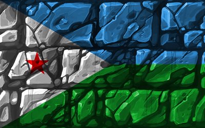 Djibouti flagga, brickwall, 4k, Afrikanska l&#228;nder, nationella symboler, Flaggan i Djibouti, kreativa, Djibouti, Afrika, Djibouti 3D-flagga