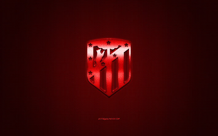 L&#39;Atletico Madrid, squadra di calcio spagnola, rosso, logo metallico, rosso contesto in fibra di carbonio, Madrid, Spagna, Liga, calcio