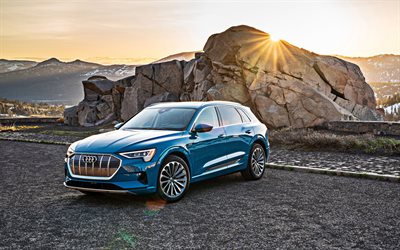 Audi E-Tron, 2019, electric crossover, exterior, front view, new blue E-Tron, electric cars, German cars, Audi