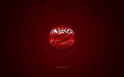FC Bayern M&#252;nchen, Saksalainen jalkapalloseura, punainen metallinen logo, punainen hiilikuitu tausta, M&#252;nchen, Saksa, Bundesliiga, jalkapallo