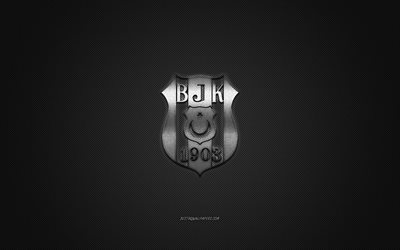 Besiktas JK, Turkkilainen jalkapalloseura, hopea metallinen logo, harmaa hiilikuitu tausta, Istanbul, Turkki, Super League, jalkapallo, Besiktas