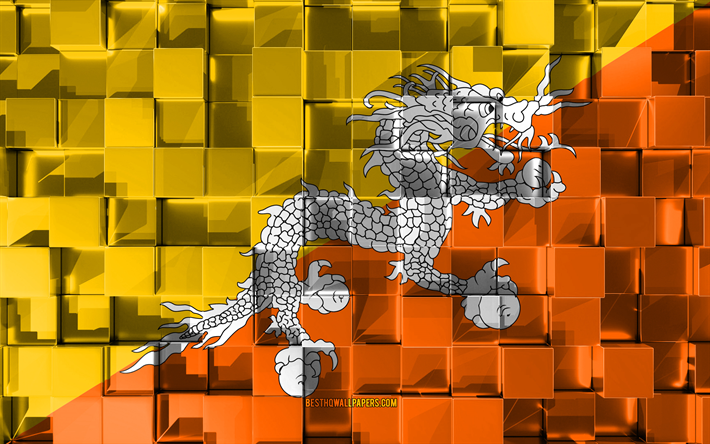 flagge von bhutan, 3d flag, 3d-w&#252;rfel-textur, flaggen asiatischer l&#228;nder, 3d-kunst, bhutan, asien, 3d-struktur, bhutan flagge
