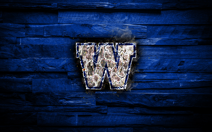 Winnipeg Blue Bombers, burning logo, CFL, blue wooden background, grunge, canadian football team, Canadian Football League, football, Winnipeg Blue Bombers logo, Canada
