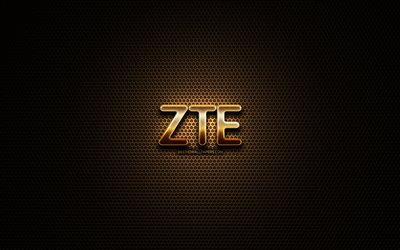 ZTE glitter logo, creative, metal grid background, ZTE logo, brands, ZTE