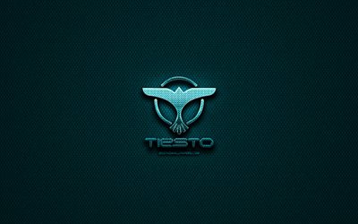 Tiestoグリッターロゴ, 音楽星, 創造, 青色の金属の背景, Tiestoのロゴ, ブランド, superstars, Tiesto