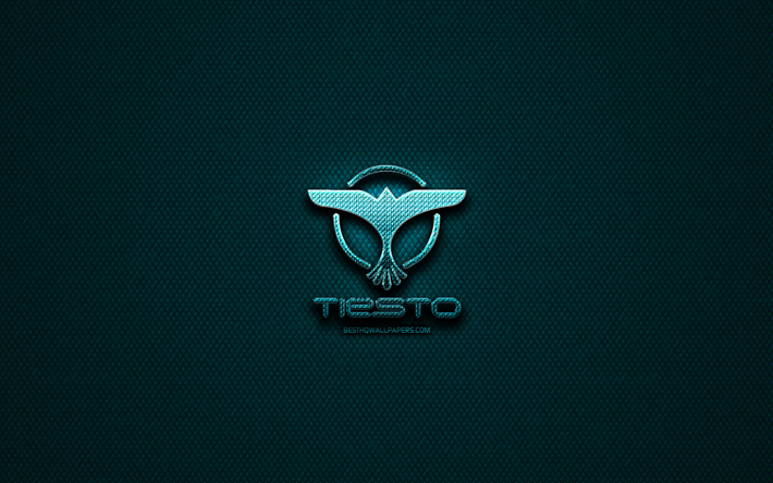 Tiesto glitter logo, music stars, creative, blue metal background, Tiesto logo, brands, superstars, Tiesto