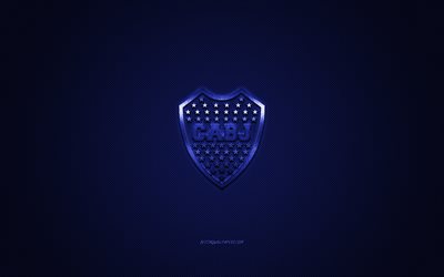 Boca Juniors, Argentiinalainen jalkapalloseura, sininen metallinen logo, sininen hiilikuitu tausta, Buenos Aires, Argentiina, jalkapallo