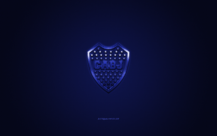 Boca Juniors, Argentinian football club, blue metallic logo, blue carbon fiber background, Buenos Aires, Argentina, football
