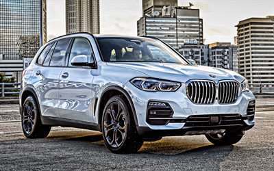 BMW X5, 2019, white luxury SUV, new white X5, exterior, front view, german cars, BMW