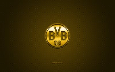 Borussia Dortmund BVB, squadra di calcio tedesca, giallo logo metallico, giallo contesto in fibra di carbonio, Dortmund, Germania, Bundesliga, calcio