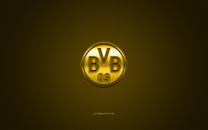 Borussia Dortmund, BVB, Saksalainen jalkapalloseura, keltainen metallinen logo, keltainen hiilikuitu tausta, Dortmund, Saksa, Bundesliiga, jalkapallo
