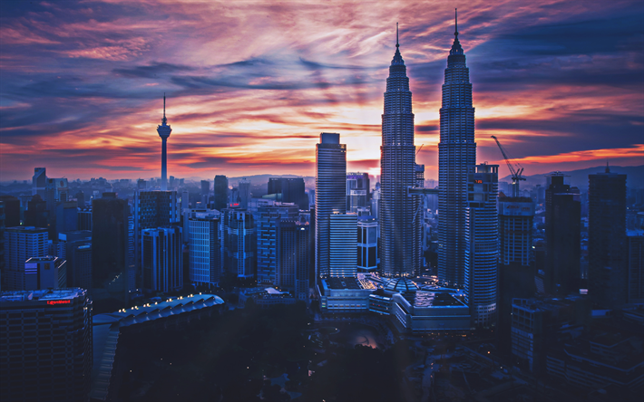 Petronas Towers, 4k, pilvenpiirt&#228;ji&#228;, Kuala Lumpur, sunset, Malesia, nightscapes, Aasiassa, Petronas Towers illalla