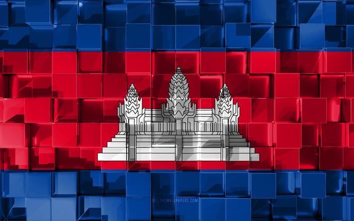 Flag of Cambodia, 3d flag, 3d cubes texture, Flags of Asian countries, 3d art, Cambodia, Asia, 3d texture, Cambodia flag