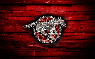 Calgary Stampeders, burning logo, CFL, red wooden background, grunge, canadian football team, Canadian Football League, football, Calgary Stampeders logo, Canada