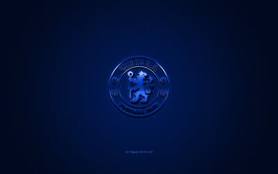 Il Chelsea FC, club di calcio inglese, blu metallizzato con logo, blu in fibra di carbonio sfondo, Londra, Inghilterra, Premier League, calcio, Chelsea logo