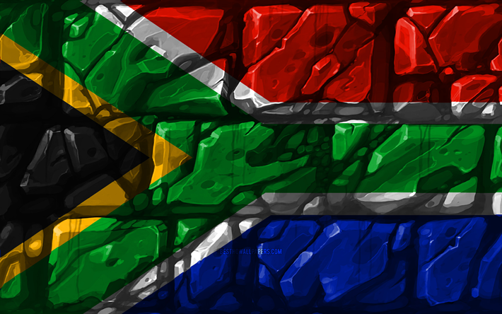 Drapeau sud-Africain, brickwall, 4k, les pays Africains, les symboles nationaux, le Drapeau de l&#39;Afrique du Sud, cr&#233;atif, Afrique du Sud, l&#39;Afrique, l&#39;Afrique du Sud en 3D drapeau