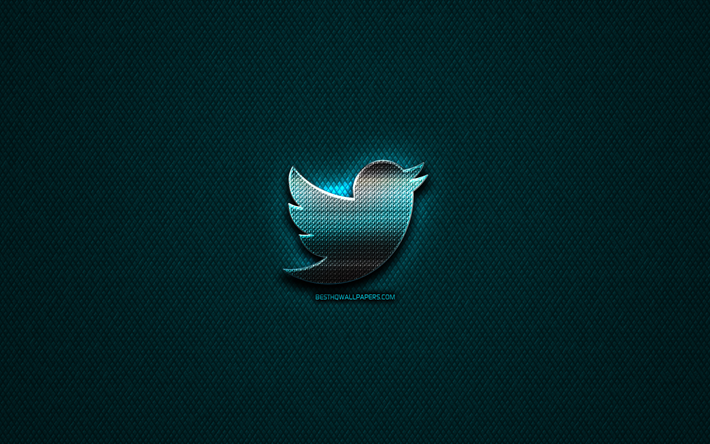 Twitter glitter logotipo, redes sociais, criativo, metal azul de fundo, Log&#243;tipo Twitter, marcas, Twitter