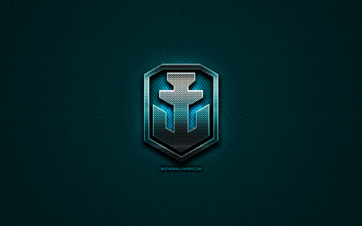 World of Warships glitter logo, online games, WoWS, creative, blue metal background, World of Warships logo, brands, World of Warships