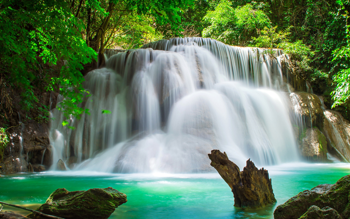 Download wallpapers beautiful waterfall, rainforest, beautiful lake,  waterfalls, jungle, water concepts, ecology, environment, Thailand for  desktop free. Pictures for desktop free